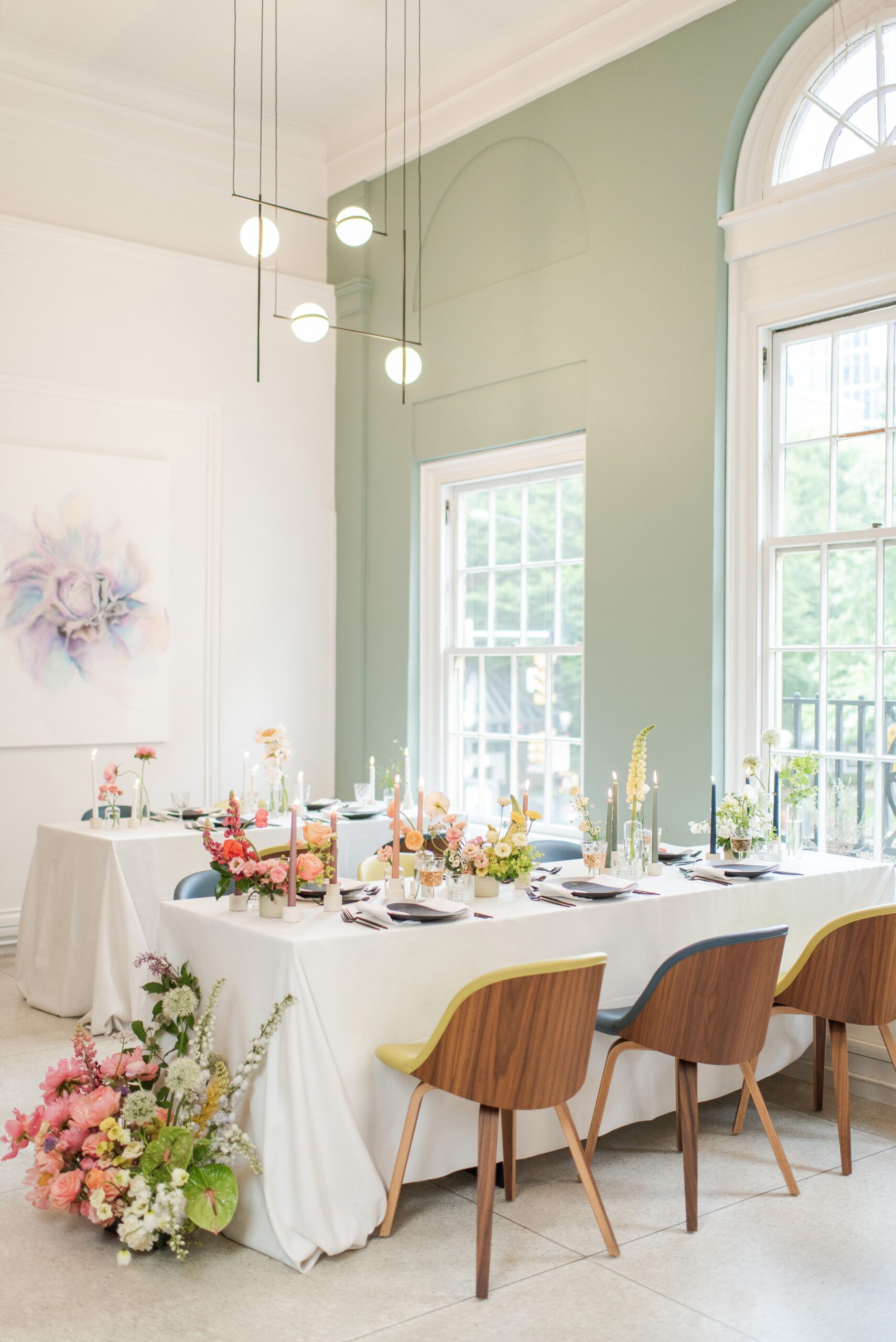 Bright and colourful flowers at modern wedding table