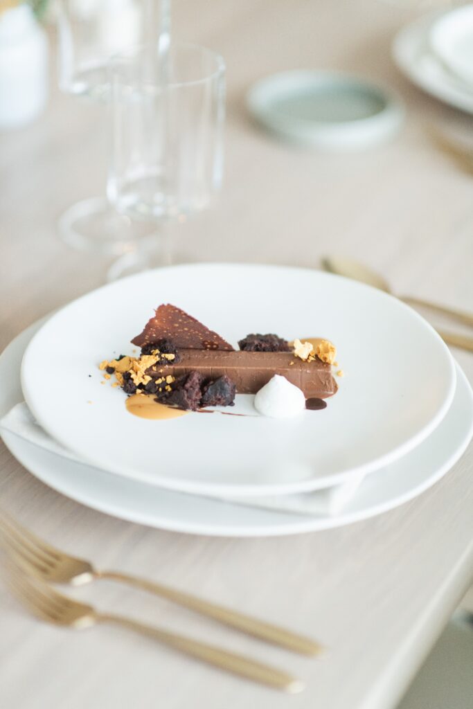 Chocolate dessert on a white plate